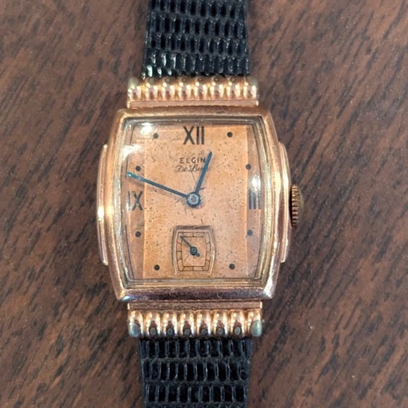 Vintage ELGIN De Luxe 10K Pink Rose Gold Watch Art Deco Leather Strap Wind Up
